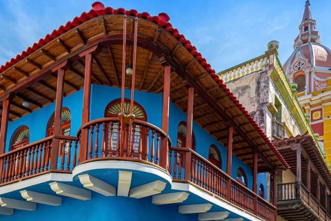 Famous colonial Cartagena Walled City (Cuidad Amurrallada) and its colorful buildings in historic