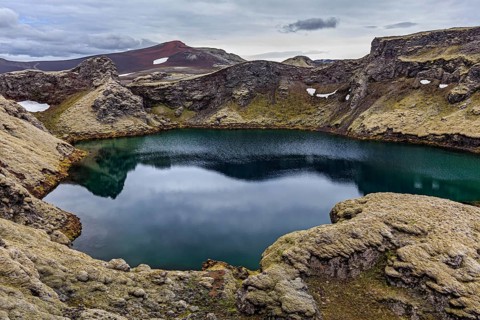 Volcanic landscape, lava, crater lake, mountainous, summer, cloudy, highlands, Laki, Lakagigar,