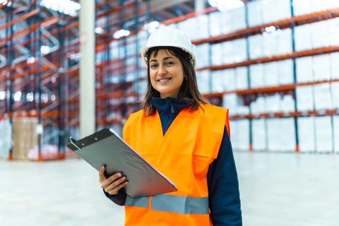Warehouse worker wearing safety vest and helmet smiling and holding clipboard in logistics center