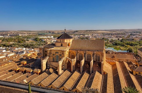 Panoramic view of a historic city with striking building roofs and surrounding landscape, Cordoba