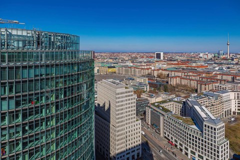 Berlin from above, the view from Panoramapunkt Berlin on Potsdamer Platz towards the railway tower,