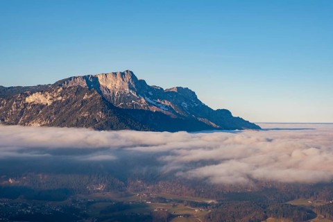 High fog cover over the valley basin of Berchtesgaden, above the Untersberg, Berchtesgaden Alps,