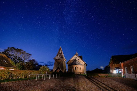 St Salvator's Old Church at night, starry sky, Klostermitteldeich, Pellworm Island,