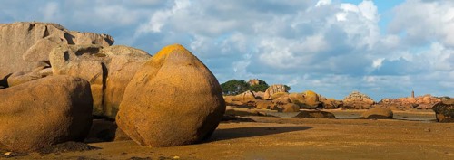 Large rocks on the beach under a cloudy blue sky, Baie de Sainte-Anne, Trégastel, Tregastel, Côte