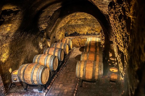 Barrels of wine in old cellar in Melfi, Potenza, Basilicata region, Italy, Southern Europe, Europe