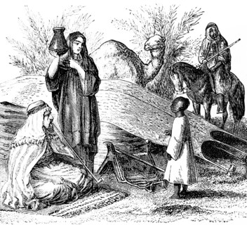 Nomadic Arabs, family with father, mother, child, traveller, camels, carpet, jug, tent, Arab