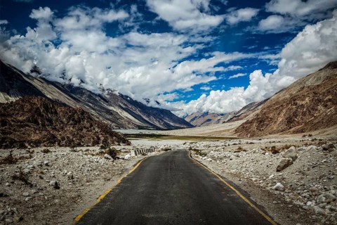 Road in Himalayan landscape in Nubra valley in Himalayas. Ladakh, India, Asia