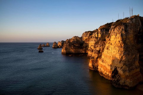Colourful cliffs and rocks at sunrise on the beach, Praia da Dona Ana, Lagos, cliffs, Atlantic