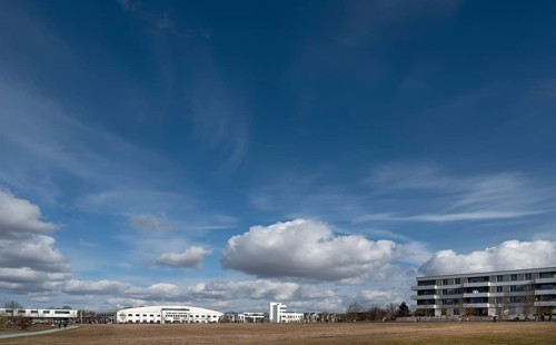 Shopping centre and new-build flats in the new Hubland district, Würzburg, Lower Franconia,