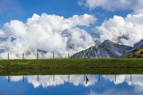 Artificial lake, Riezler Alpsee, snow pond, at the mountain station of the Kanzelwand cable car,