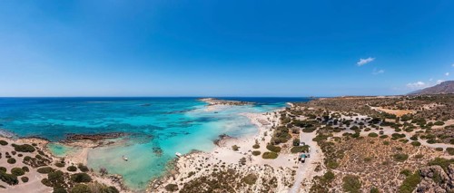 Drone shot, Elafonissi beach, south-west Crete, Crete, Greece, Europe