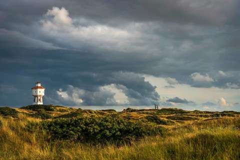 Water tower, clouds, weather, gloomy, cloudy, cloudy sky, storm, stormy, dune landscape, North Sea