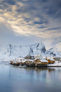 Traditional yellow rorbuer huts on the island of Sakrisøy, snow-capped mountains in the background,