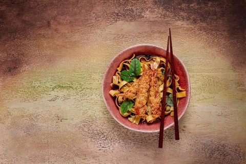 Udon noodles with shrimp in tempura, Japanese cuisine, homemade, no people