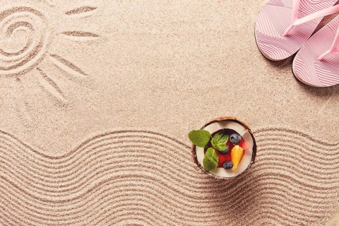 Abstract background, Summer wallpaper, drawing on sand, sea waves and sun, coconut with summer