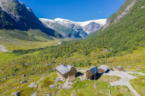 Aerial view of tourist cabin Tungestølen at the glacier Jostedalsbreen, valley Langedalen in the