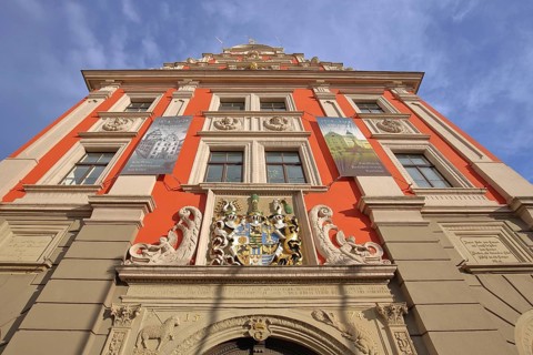 City coat of arms with decorations and year 1574 and view upwards, Renaissance, red, historic,
