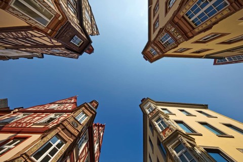 Four towers, ensemble of four historic buildings, view from bottom to top, Old Town, Koblenz,
