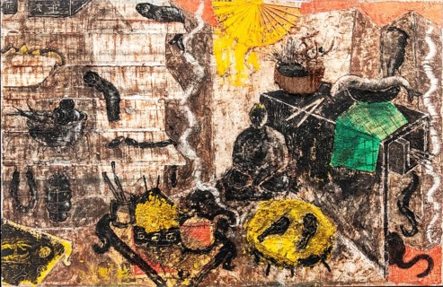 Chinese still life with Buddha, 1985, mixed media on canvas, exhibition Miquel Barcelo, Vida y