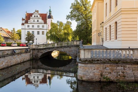 Schlossplatz, Altes Schloss, Große Röder and Palais Zabeltitz, Großenhain, Saxony, Germany, Europe