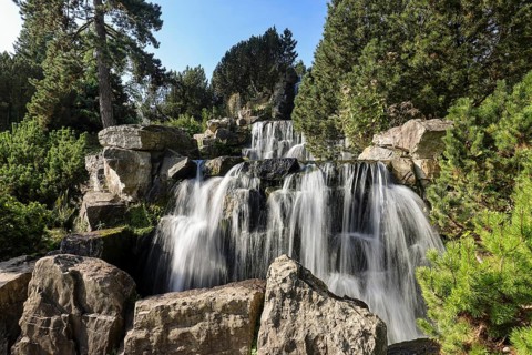 Essen, North Rhine-Westphalia, Germany - Alpinum with waterfall, Grugapark, a park in Essen,