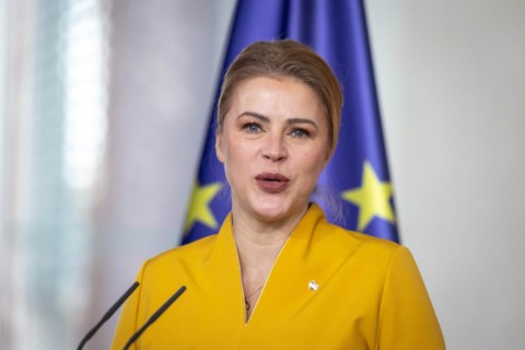 Evika Silina, Prime Minister of Latvia, at a press conference at the Chancellery in Berlin, 27