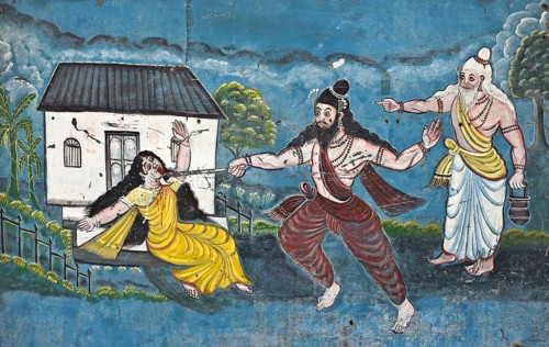 Mural painting representing the hindu god Parashurama, the 6° avatar of Vishnu. He is killing his