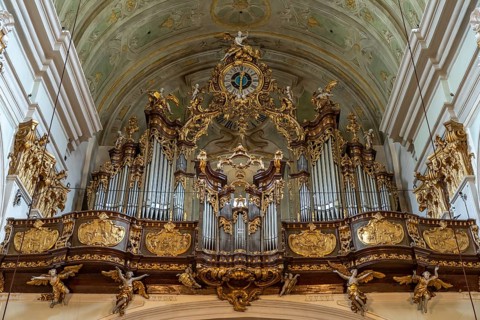 Church organ of the baroque parish church Mariahilfer Kirche in Vienna, Austria, Europe
