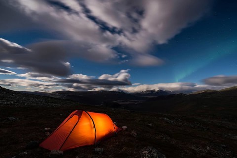 Tent in mountain landscape, Sarek National Park, World Heritage Laponia, Norrbotten, Lapland,