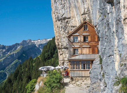 Ebenalp, Guest house Aescher, Wildkirchli under the Ascher cliff, Ebenalp, Appenzell, Switzerland,