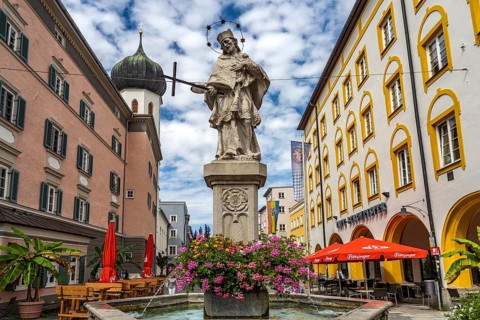 The Nepomuk Fountain in Rosenheim, Bavaria, Germany, Europe