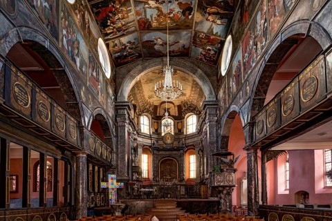 Union Church, interior with choir, pulpit, painting on canvas, riding choir, historic old town,