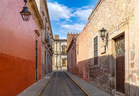 Morelia, Michoacan, colorful streets and colonial houses in Morelia historic city center, one of