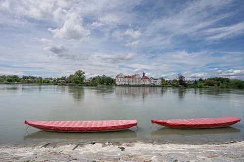 View of Neuhaus Castle seen from Schärding, in front the river Inn, Schärding, Lower Austria,