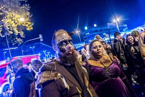 The Zombiewalk in Essen, on Halloween several hundred people, some dressed as scary zombies,