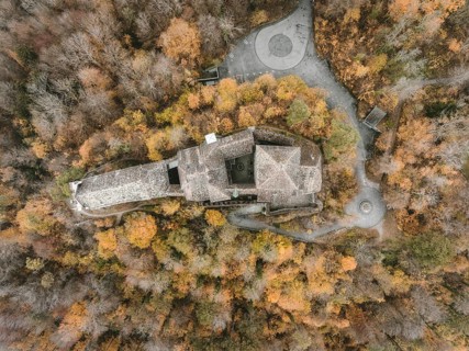 Aerial view of Hohenklingen Castle above Stein am Rhein on a foggy autumn day, Canton Schaffhausen,