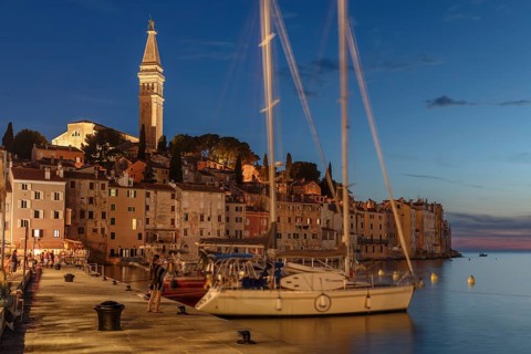 Harbour in the old town with Sveta Eufejima church, Rovinj, Istria, Croatia, Europe