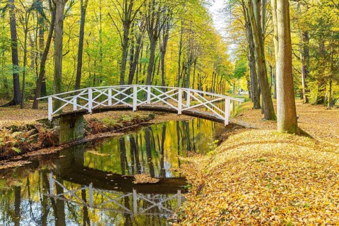 Bridge over the castle moat in autumn, park of Hermsdorf Castle, Ottendorf-Ockrilla, Saxony,