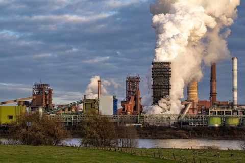 Industrial backdrop of the ThyssenKrupp Steel steelworks in Duisburg-Bruckhausen, on the Rhine,
