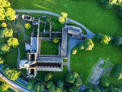 Top Down over Kirkstall Abbey from a drone, Kirkstall, River Aire, Leeds, West Yorkshire, England,