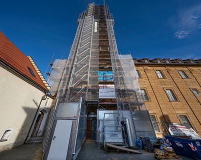 Scaffolding on the tower of the baroque St Boniface's Church, Weißenohe, Upper Franconia, Bavaria,