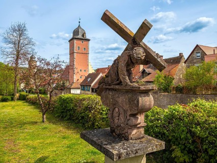 Historical houses in downtown Ochsenfurt at river Main, Bavaria, Germany, Europe