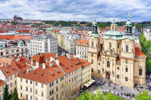 Aerial view of St. Nicholas Church, Castle and the Prague Cathedral, Prague, Bohemia, Czech