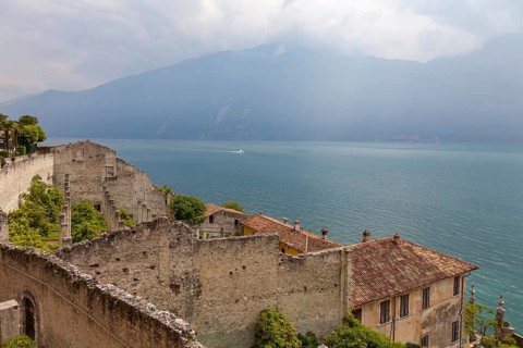 View over the Limonaia del Castèl to Lake Garda, Limone sul Garda, Lombardy, Italy, Europe