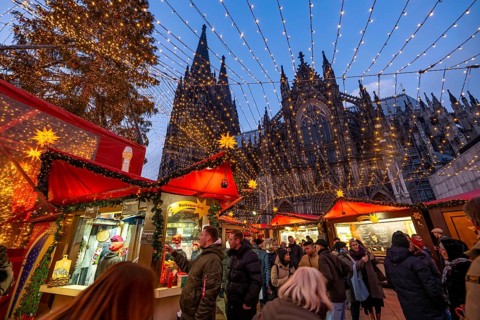 Christmas market on Roncallli Square, right next to Cologne Cathedral, in the historic centre of