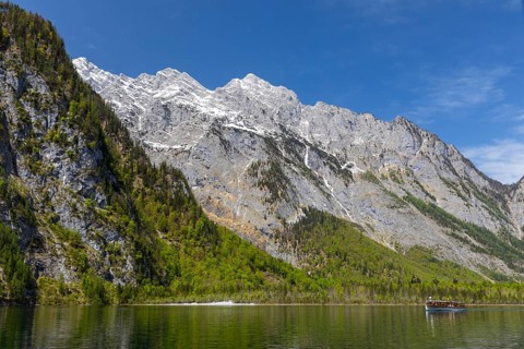 Passenger boat on the Königssee, Waltzmann group, mixed forest, rock, mountain, Berchtesgadner