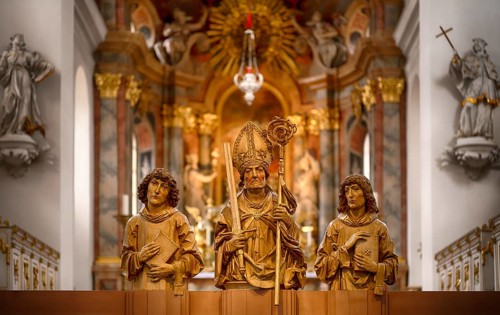 Interior view of the main altar with painting St John on Patmos by Johann Baptist Zimmermann,