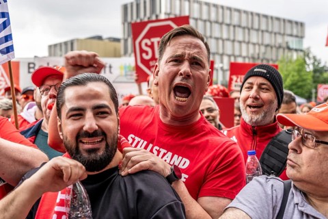 Demonstration by many thousands of steelworkers in front of the ThyssenKrupp headquarters in Essen