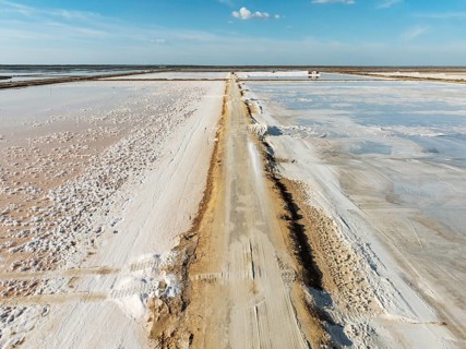 The Bonanza salt works near Sanlúcar de Barrameda. Aerial view. Drone shot. Cádiz province,