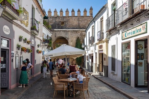 Lively old town street with street café, surrounded by historic buildings and flowers, Cordoba